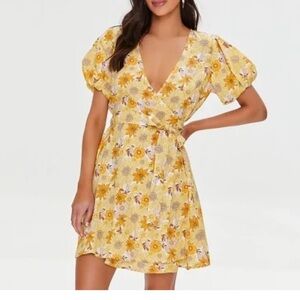 Forever 21 Yellow Floral Wrap Mini Dress